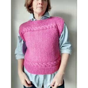 Vintage Handknit Pink Cable Knit Sweater Vest Womens Chunky Knit Cottagecore